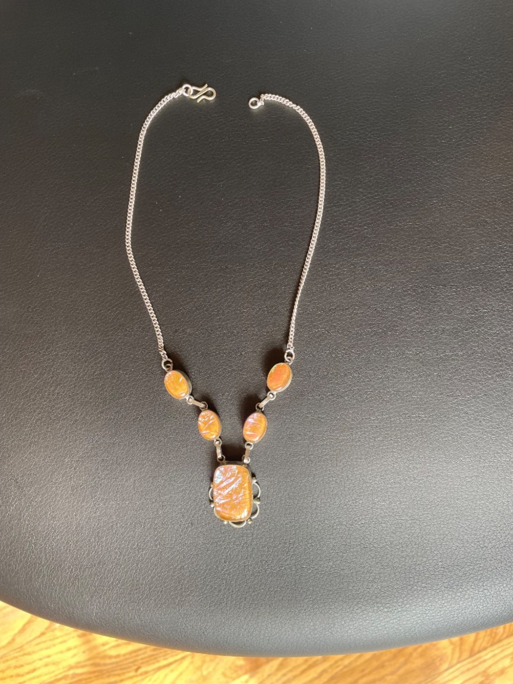Sterling Silver "Opal" Statement Necklace Glowing Peachy Orange & Blue India 925